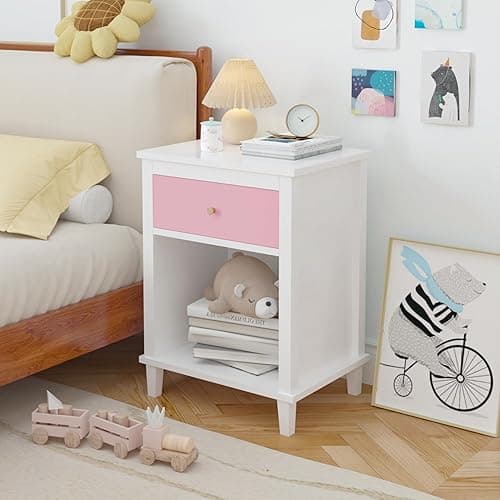 Nightstand with Drawer for Kids, Adults, Wood Bed Side Table with Storage Shelf, Night Stand for Bedroom, 2-Tier Storage End Table for Living Room, White + Pink thumbnail 5
