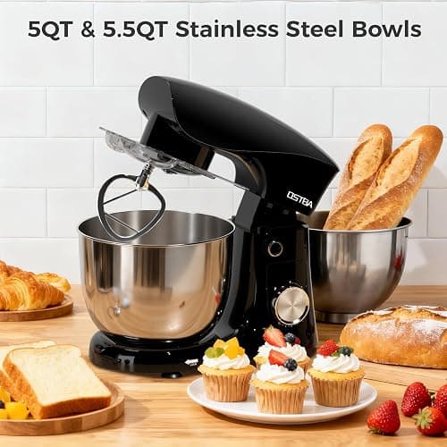 OSTBA Stand Mixer, 5QT+5.5QT Two Bowls Electric Kitchen Mixer, 10+P Speed Dough Mixer with Whisk, Beater & Dough Hook, Dishwasher Safe, Black thumbnail 3