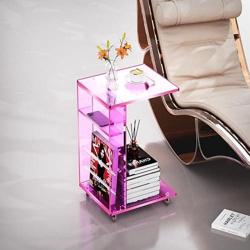 Clear Acrylic Side Table on Lockable Wheels, C Shaped End Table for Sofa, Small Coffee Tables for Small Spaces (Pink) thumbnail 7