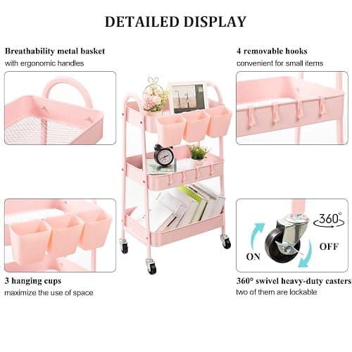 danpinera 3-Tier Rolling Cart, Utility Cart Mobile Metal Rolling Storage Cart with Lockable Wheels & Hanging Cups & Hooks for Kitchen, Bathroom, Office, Workshop, Pink thumbnail 4