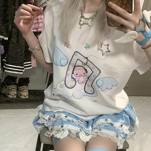 RILGOU Harajuku Pastel Kawaii Gothic Cartoon Cat Music Angel Print T-Shirt | Cutecore, Vintage Casual Style, Streetwear, Athleisure, Cotton Materials, Loose Fit, Crewneck Short Sleeve, For Daily Wear thumbnail 2