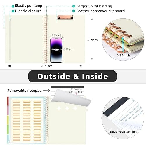 Ospelelf Leather Clipboard Folio with with Storage Zipper Pouch, Spiral Clipboard Folder with Notepad for Letter Size, 5 Folders with 10 Pockets, 39 Divider Label Stickers (Beige) thumbnail 4