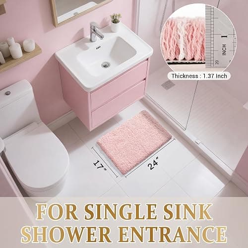 Yimobra Light Pink and White Bathroom Rugs Non Slip Washable, Ultra Soft and Water Absorbent Bath Mats, Plush Fluffy Shower Mat Outside, Microfiber Thick Matts for Bathroom Floor/Sink, 24x17 thumbnail 7