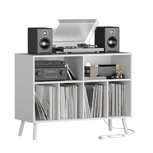Cozy Castle Record Player Stand with Vinyl Storage Cabinet, Wood Turntable Table Open Shelf Holder Up to 350 Albums Cube Storage Organizer for Living Room, Office, White thumbnail 7