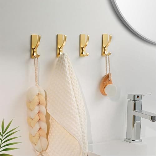 Adhesive Wall Hooks for Towels Coats - Stick On Hooks Hanging Heavy Duty (13lb), Metal Hook for Door, Bathroom, Dorm, Closet - Hanger for Purse, Bag, Robe,Backpack - No Damage to Wall - Gold 6 Pack thumbnail 5