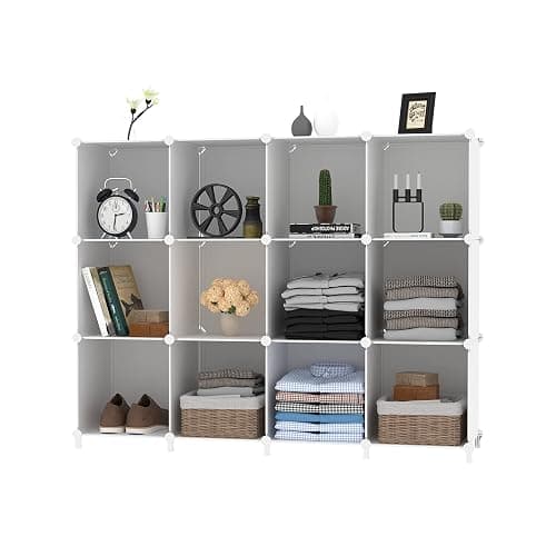 AWTATOS Cube Storage Organizer Storage 12 Cube Bookshelf DIY Plastic Closet Clothes Storage Shelves with Wooden Mallet, Stackable Storage Solution for Home, Bedroom, White thumbnail 8
