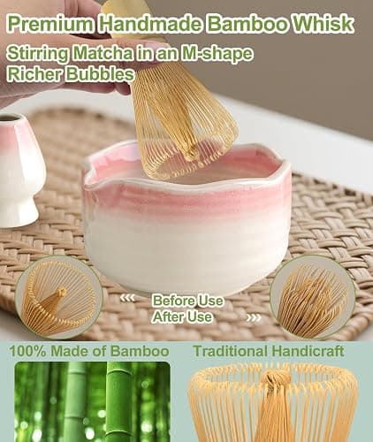 JBER Matcha Set, 7PCS Matcha Whisk Set with Bamboo Whisk and Ceramic Bowl | Matcha Kit Includes Bowl, Handmade Matcha Whisk 100 Prongs, Holder, Spoon, Powder Sifter for Matcha Lovers, Gradient Pink thumbnail 4