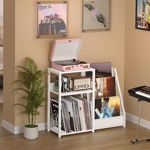 LELELINKY Record Player Table,Turntable Shelf with Vinyl Storage Up to 150 Albums,White Side Table with 3 Tier Magazine Periodical Book Rack,Wide Metal Record Holder Cabinet for Room Office thumbnail 2