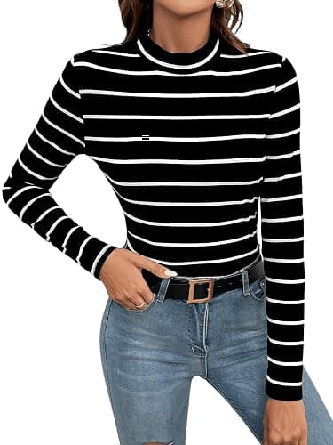 Floerns Women's Mock Turtleneck Long Sleeve Slim Fit Stretch Striped T-Shirts Tunic Tops Fall Fashion Trendy Outfits Clothes thumbnail 4