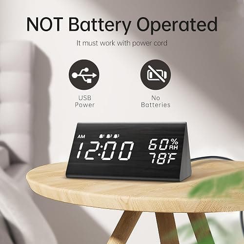 Digital Alarm Clock, with Wooden Electronic LED Time Display, 3 Alarm Settings, Humidity & Temperature Detect, Wood Made Electric Clocks for Bedroom, Bedside (Black) thumbnail 6
