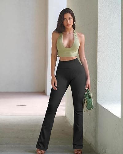 OQQ Women's 2 Piece Yoga Pants Ribbed Seamless Workout High Waist Bell Bottoms Flare Leggings thumbnail 4