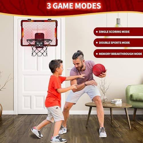 HYES Remote Control Basketball Hoop Indoor with 7 LED Lighting, Mini Basketball Hoop with Electronic Scoreboard, 3 Modes, Over Door Basketball Hoop, Basketball Toys Sport Gifts for Kids, Adults (red) thumbnail 5