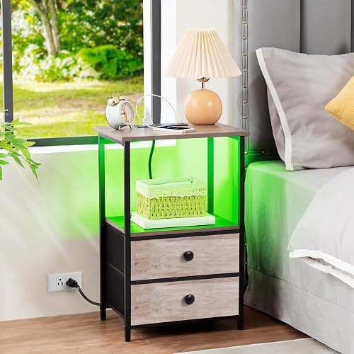 LOAKEKEL Night Stand Set 2, LED Nightstand with Charging Station, End Tables with Storage Shelf, Bedside Table with 2 Fabric Drawers for Bedroom, Small Spaces, Grey HETS02PGY thumbnail 2