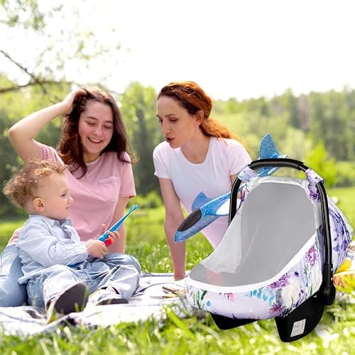 CARUILI Purple Floral Baby Car Seat Cover, Breathable Mesh Window, Sun and Wind Protection, 3 Modes of Use, Waterproof, Nylon, Polyester thumbnail 8