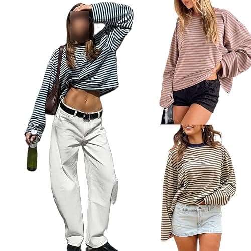 Y2k Womens Striped Cropped Shirt Drop Shoulder Long Sleeve Crewneck Sweatshirt Fairy Grunge Sweater Tops Streetwear thumbnail 5