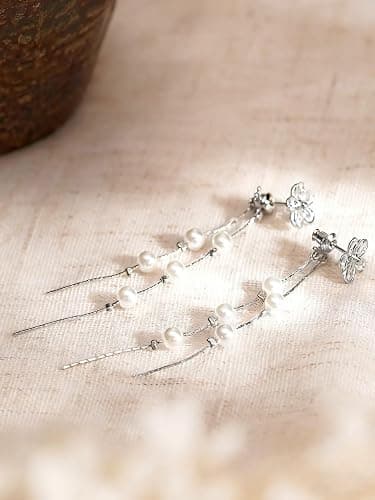 MUMREUES Gold Earrings for Women Trendy 14k Gold Plated Cubic Zirconia Flower Dangle Earrings Hypoallergenic Dainty Pearl Drop Chain Earrings Jewelry Gifts for Her thumbnail 9