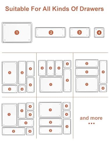 SMARTAKE 22-Piece Drawer Organizer with Non-Slip Silicone Pads, 4-Size Clear Desk Drawer Organizer Trays Storage Tray for Makeup, Jewelries, Utensils in Bedroom Dresser, Office and Kitchen, Clear thumbnail 8