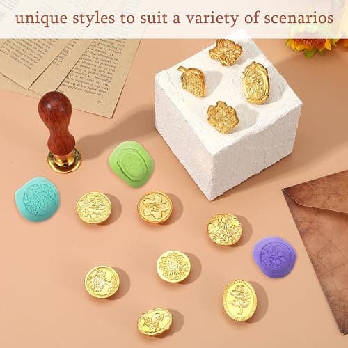 Wax Seal Stamp Kit,12pcs Sealing Wax Stamp Heads Flower Classical Wax Sealing Stamp Crafts Wax Seal Stamp with a Wooden Handle for Invitation Envelopes Letters thumbnail 7