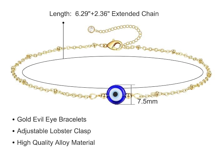 Dainty Evil Eye Bracelets for Women, Gold Plated Adjustable Evil Eye Lucky Amulet Chain Bracelet Jewelry Gifts thumbnail 7