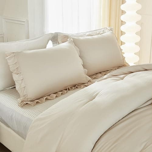 Litanika Queen Comforter Set Beige, 3 Pieces Ruffle Lightweight Bedding Comforter Set, Fluffy Bed Set (90x90In Comforter, 2 Pillowcases) thumbnail 6