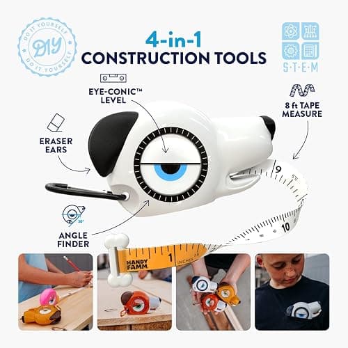 Handy Famm Spot The Dog 4-in-1 Kids Tape Measure with Adjustable Level Eye, Angle Finder & Eraser Ears – Montessori STEM Learning Tool for Children Ages 3+, Educational Construction Toy thumbnail 2