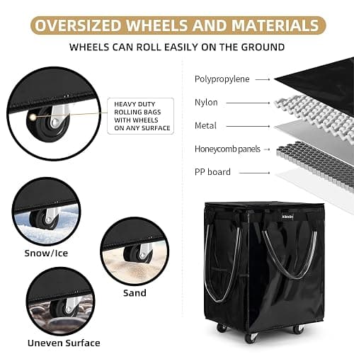 (Large, Black) Reusable Grocery Bag on 5 Wheels, Foldable Rolling Tote Carries Up to 76lb Shopping Trolley, Rolling Bag with 3 Handles, Zipper Clouser Rolling Tote Bag with Wheels for Laundry thumbnail 3