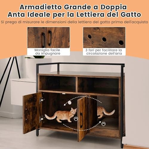 COSTWAY Mobile per Lettiera Gatti con Ripiani Aperti e Ripiani Chiusi con Maniglie, Mobiletto Multiuso per Ingresso e Soggiorno, 82,5 x 51 x 51 cm, Portata 50 kg (Marrone) thumbnail 6