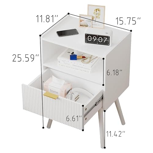 JOONEE White Nightstand,Modern Bedside Table with Storage Drawer and Open Wood Shelf, for Living Room, Bedroom and Small Spaces, Accent Night Stand with Solid Wood Legs, Easy Assembly,Classic White thumbnail 2