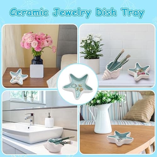 Jewelry Dish Tray For Coastal Beach Room Decor,Cute Ceramic Ring Holder Gift For Women Sister Mom Friend ,Decorative Trinket Jewelry Organizer Tray For Rings Earrings Necklaces ets (Blue conch) thumbnail 5