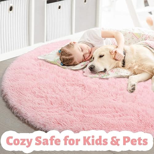 Pink Fluffy Round Rug 5Ft for Girls Bedroom Decor Aesthetic, Shaggy Circle Area Rugs for Kids Room Living Room, Cute Fuzzy Carpet for Nursery, Dorm, Classroom, Teen, Princess, Comfy Baby Playroom Rug thumbnail 3