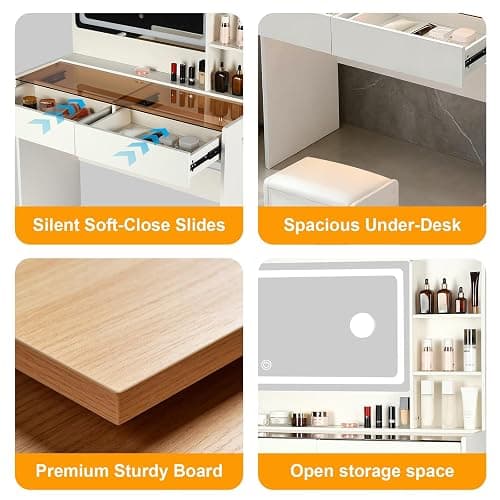 Cielozen Vanity Desk,Makeup Vanity Desk with Mirror and Lights,Transparent Top with LED Multiple Color Lights,Mirror 3 Color Modes 2 Drawers,Power Outlet,Dressing Table for Girls Bedroom,White thumbnail 7