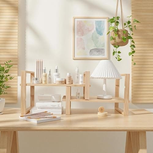 Desk Shelves Desktop Organizer Shelf - No Assembly Needed Holds 130lbs for Desk Organizers and Accessories Corner Bookshelf Table Top Shelving in Office, Books, Bathroom Storage-Pine Nature Wood Color thumbnail 2