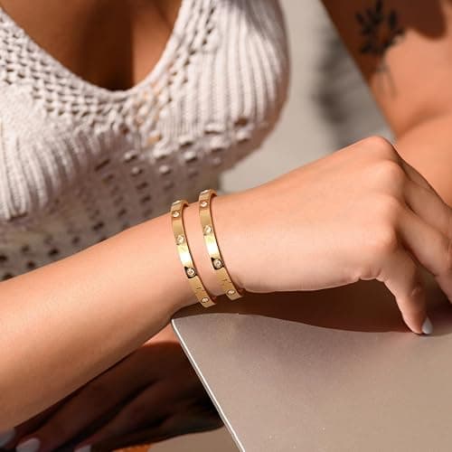 MPRAINBOW Gold Bracelets for Women, 2Pcs 18K Gold Plated Cubic Zirconia Bangle Crystal Friendship Bracelet Jewelry,Wedding Party Christmas Birthday Gifts for Her Girlfriend Sister Daughter thumbnail 4