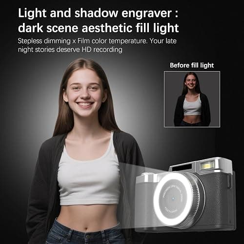 4K Digital Camera for Photography, 48MP Vlogging Camera for YouTube 2.8" 180° Flip Screen 18X Digital Zoom Compact Travel Cameras with 64GB SD Card & Card Reader,Mini Tripod,2 Batteries thumbnail 3