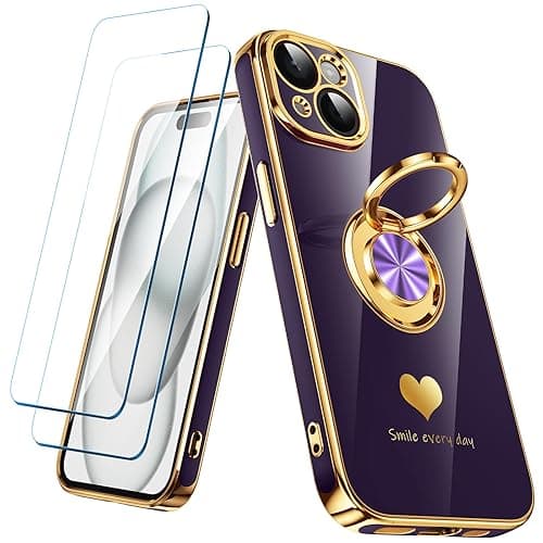 Nonional Compatible for iPhone 15 Case with 2 Pack Screen Protector, 360° Rotatable Ring Holder [Luxury Hearts Pattern] Plating Gold Edge Slim Soft Phone Cover Case for iPhone 15 - Purple - Purple