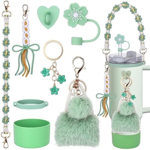 Mity rain 8PCS Cup Accessories Set for Stanley cup 20oz 30oz 40oz tumbler with handle, Including Water Bottle Handle Strap, Straw Topper Cover, Keychain Charms, Boot, Kids Cup Decorate(Green) - Image 1