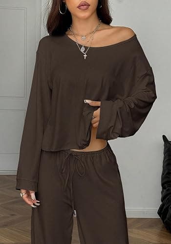 TDCoool Two Piece Matching Lounge Sets For Women Vacation Airport Fall Outfits Off Shoulder Sweatshirt Wide Leg Sweatpant Set thumbnail 6