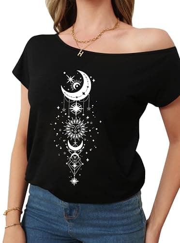 Remidoo Off The Shoulder Tops for Women Graphic Asymmetrical Gothic Shirt | Goth, Witchy clothes, Short Sleeve, Off Shoulder Tshirt, Loose Fit, Sexy, Hippie, Punk, Band, Rock, Concert, Summer, Vintage thumbnail 5