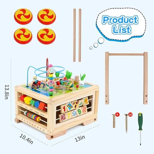 Wooden Activity Cube 7-in-1 Montessori Toy Multipurpose Educational Learning Toy for 1+ Year Old Baby Toddler Kid Boy First Birthday Gift Bead Maze Gear Number Animal Board Carrots Harvest Game thumbnail 2