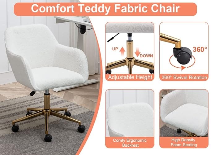 Yoluckea Furry Height Adjustable Vanity Chair, Computer Cute Office Desk Chairs, Faux Swivel Chair White Faux Four Pads thumbnail 7