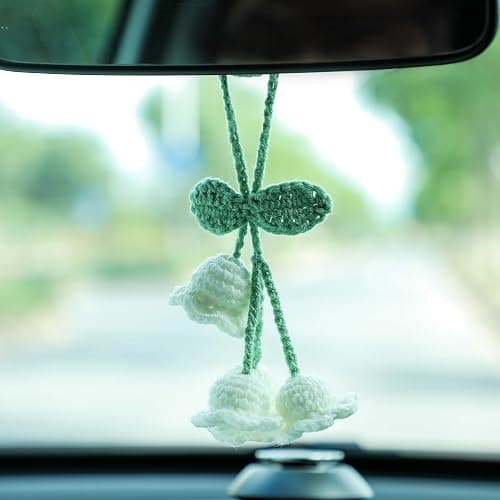 Car Mirror Hanging Accessories Lily Flower Handmade Knitted Car Pendant，Cute Car Decorations for Women Crochet Rearview Mirror Accessories,for Decoration Pendant,Car Accessories Pendant (White 1) - White 1 thumbnail 3