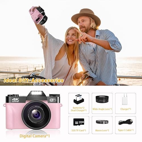 4K 56MP Digital Camera for Photography NIKICAM Vlogging Camera for YouTube with 180° Flip Screen, WiFi,16X Digital Zoom, 52mm Lens, 2 Batteries, 32GB Micro SD Card(Pink) - Pink thumbnail 2