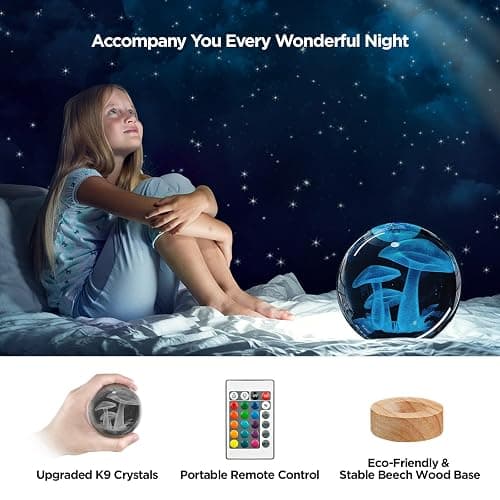 YYLZEPHB 3D Crystal Ball Night Light with Wooden Base, Mushroom Glass Ball Lamp with 16 Colors and Remote Control - Cool Desk Decor Gift for Kids and Friends thumbnail 6