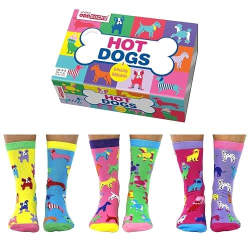 United Oddsocks Hot Dogs Gift Box – 6 Poochy Themed Oddsocks for Women – UK 4-8, EUR 37-42, US 6.5-10.5 – Colourful Dog Socks Gift Set, Cotton Rich, Crew Length, Perfect for Animal Lovers & Sock Fans - Image 1