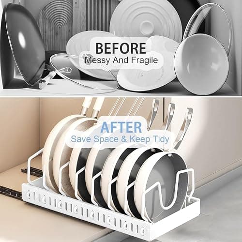 2 Pack Pull Out Pots and Pans Organizer Rack for Cabinet and Countertop, Pull Out Cabinet Organizer with 8 Adjustable Dividers, Kitchen Storage for Pot Lid, Dishes, Bakeware, Pots and Pans, White thumbnail 5