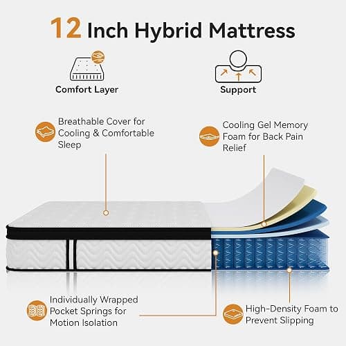 Susalt Queen Mattress 12 Inch, Queen Size Memory Foam Mattress in a Box, Hybrid mattresses with Independent Pocket Coils for Motion Isolation & Silent Sleep, Medium Firm,CertiPUR-US,100 Nights Trial thumbnail 5