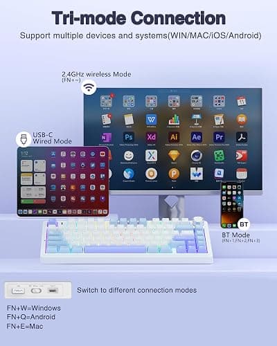 AULA F75 75% Wireless Mechanical Keyboard, Hot Swappable Creamy Keyboard, Pre-lubed Star Vector Switches RGB Backlit Gaming Keyboards, 2.4GHz/Type-C/BT5.0(White&Blue&Purple) thumbnail 3