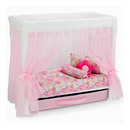 Emily Rose 18" Doll Canopy Bed with 5-Piece Bedding Set and Doll Clothes Clothing Storage Drawer - 18-inch Doll Bedroom Furniture & Accessories | USA Business | Ideal Bed for 14"-19" Dolls thumbnail 3