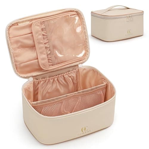 OCHEAL Beige Makeup Bag,Travel Makeup Organizer Bag, Large Capacity Cosmetic Bags For Women Large Travel Toiletry Bag Girls Traveling With Brush Slot And Divider-White thumbnail 9