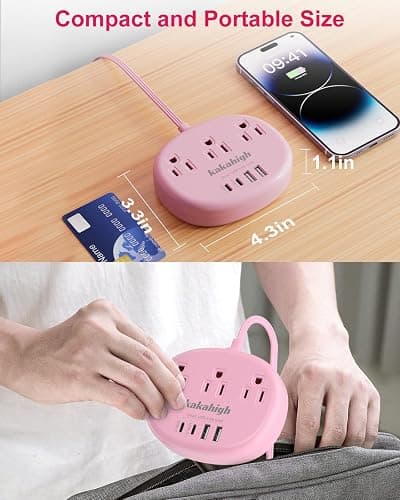 Pink Extension Cord with Surge Protected 1080J - 5 FT Kawaii Power Strip, 1625W Cute Extension Cord with 3 AC Outlet 4 USB (24W/4.8A), Compact for Cute Pink Kawaii Desk Home Essentials thumbnail 6